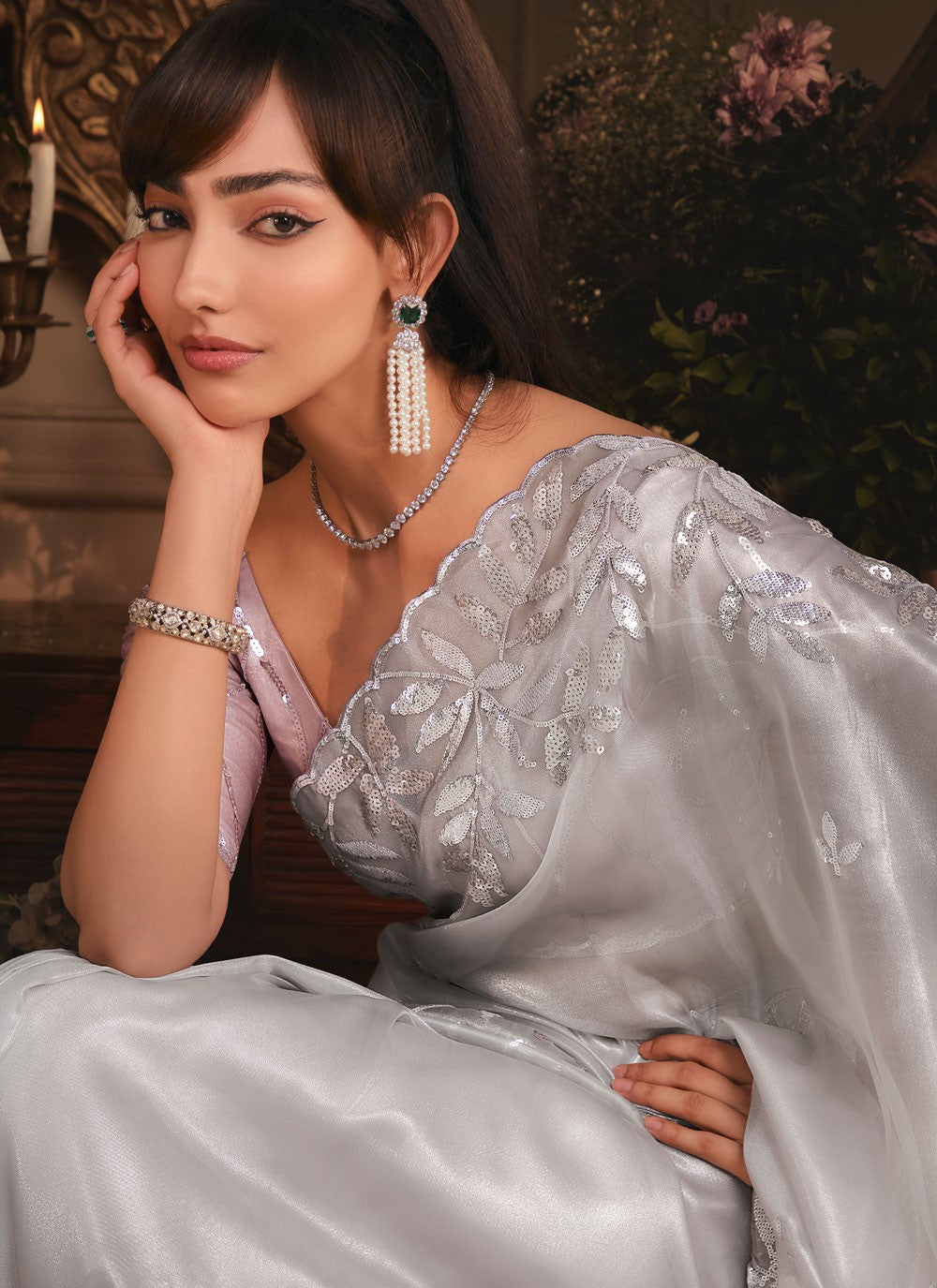 Grey Organza Trendy Saree Border Work, Cut Work, Embroidered, Sequins, Zari S19409