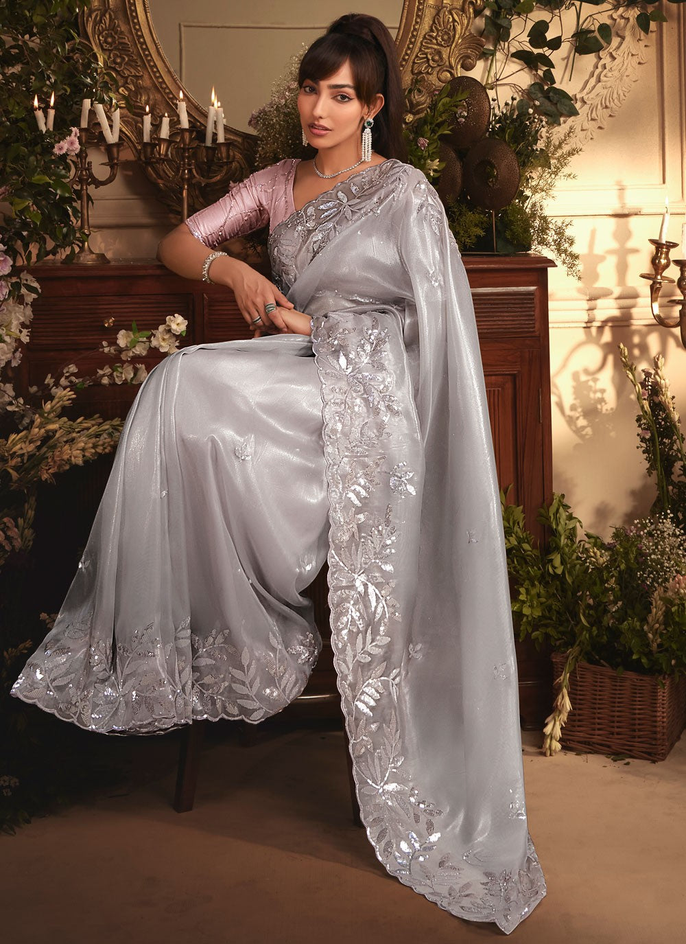 Grey Organza Trendy Saree Border Work, Cut Work, Embroidered, Sequins, Zari S19409