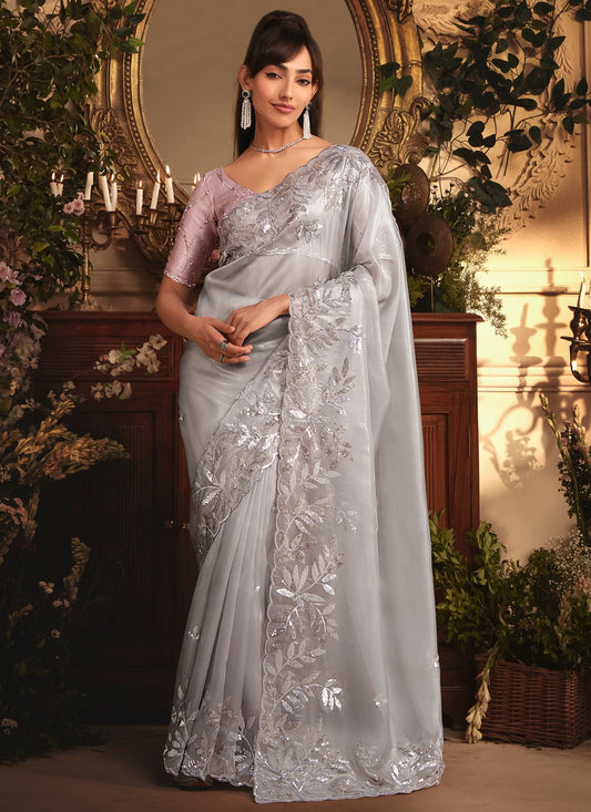 Grey Organza Trendy Saree Border Work, Cut Work, Embroidered, Sequins, Zari S19409