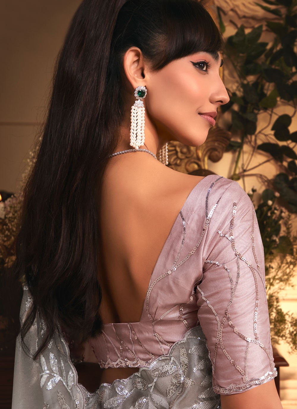 Grey Organza Trendy Saree Border Work, Cut Work, Embroidered, Sequins, Zari S19409