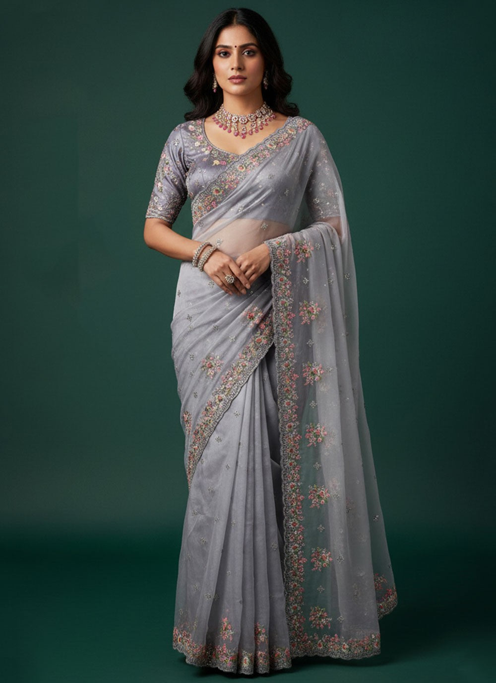 Grey Organza Trendy Saree Embroidered, Sequins S20265