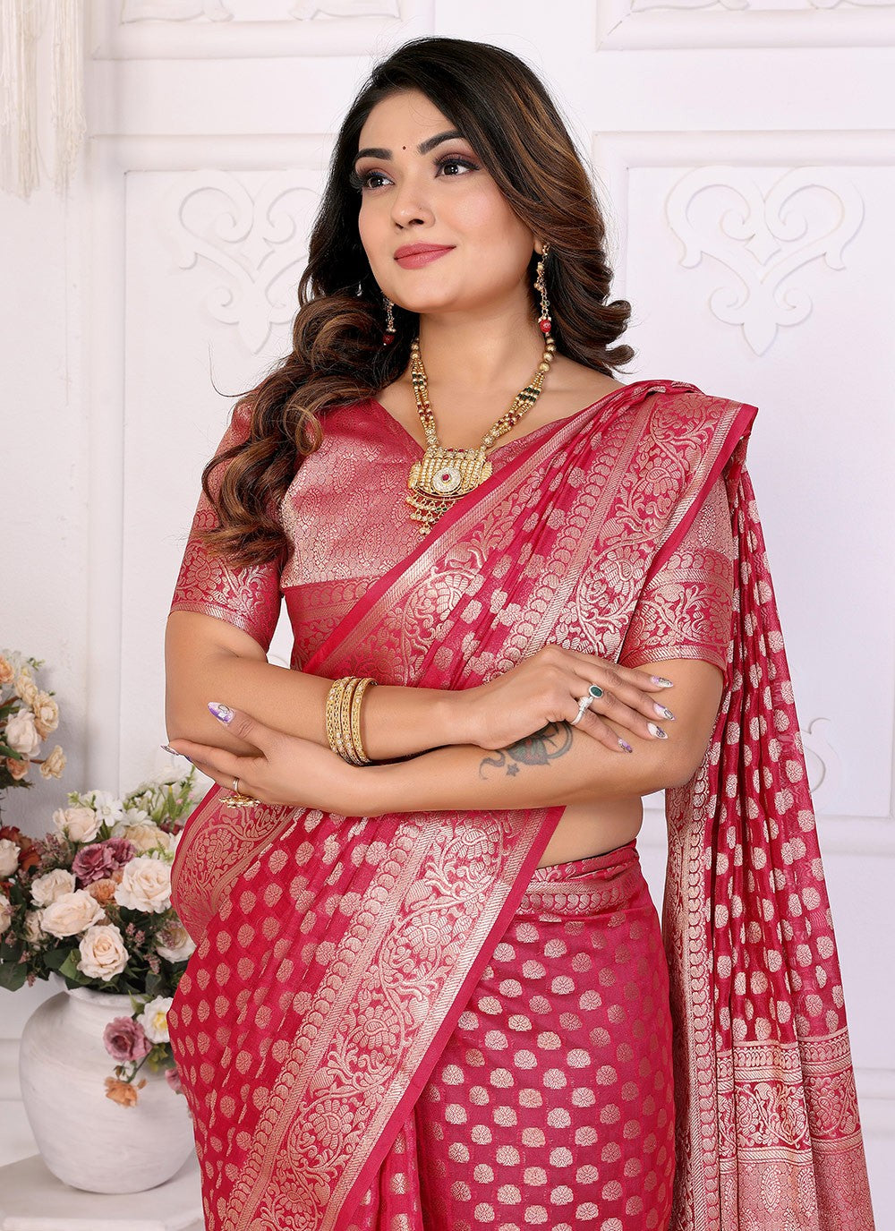 Classic Saree Woven Maroon Organza Saree S13599