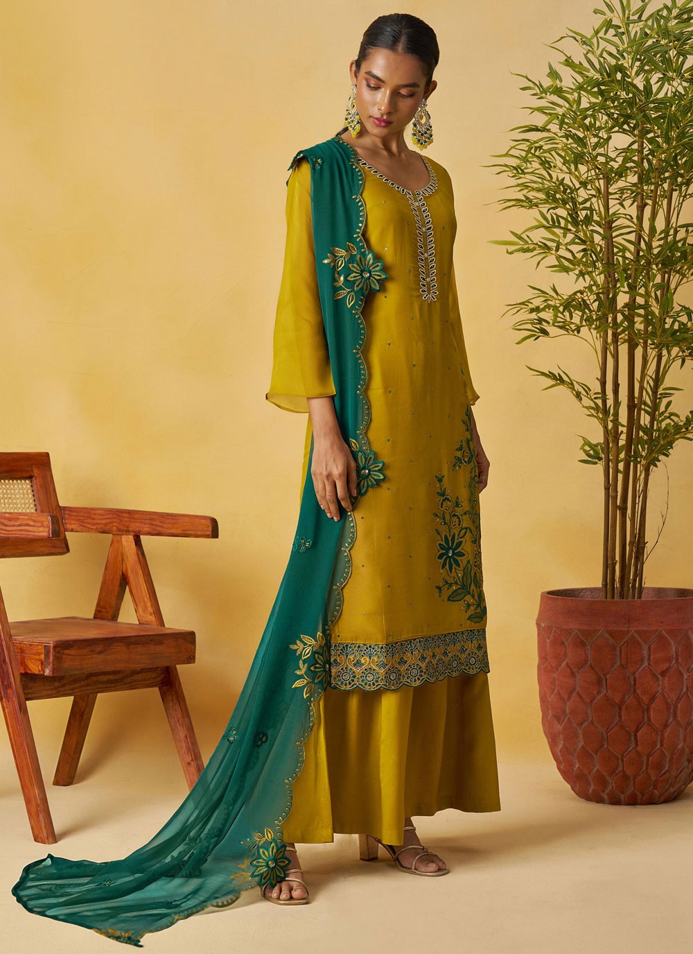 Palazzo Suit Embroidered Mustard T8891
