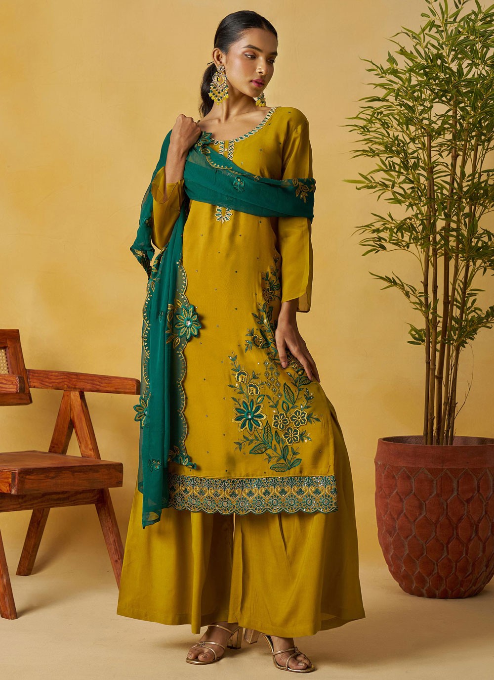 Palazzo Suit Embroidered Mustard T8891