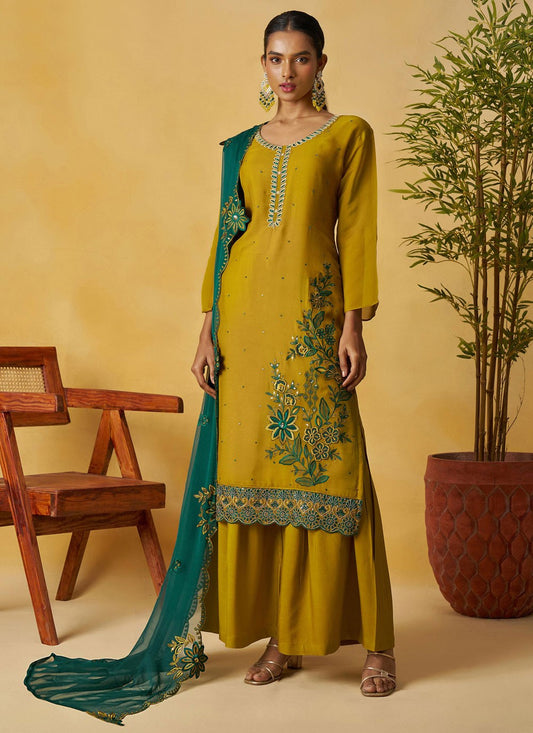 Palazzo Suit Embroidered Mustard T8891