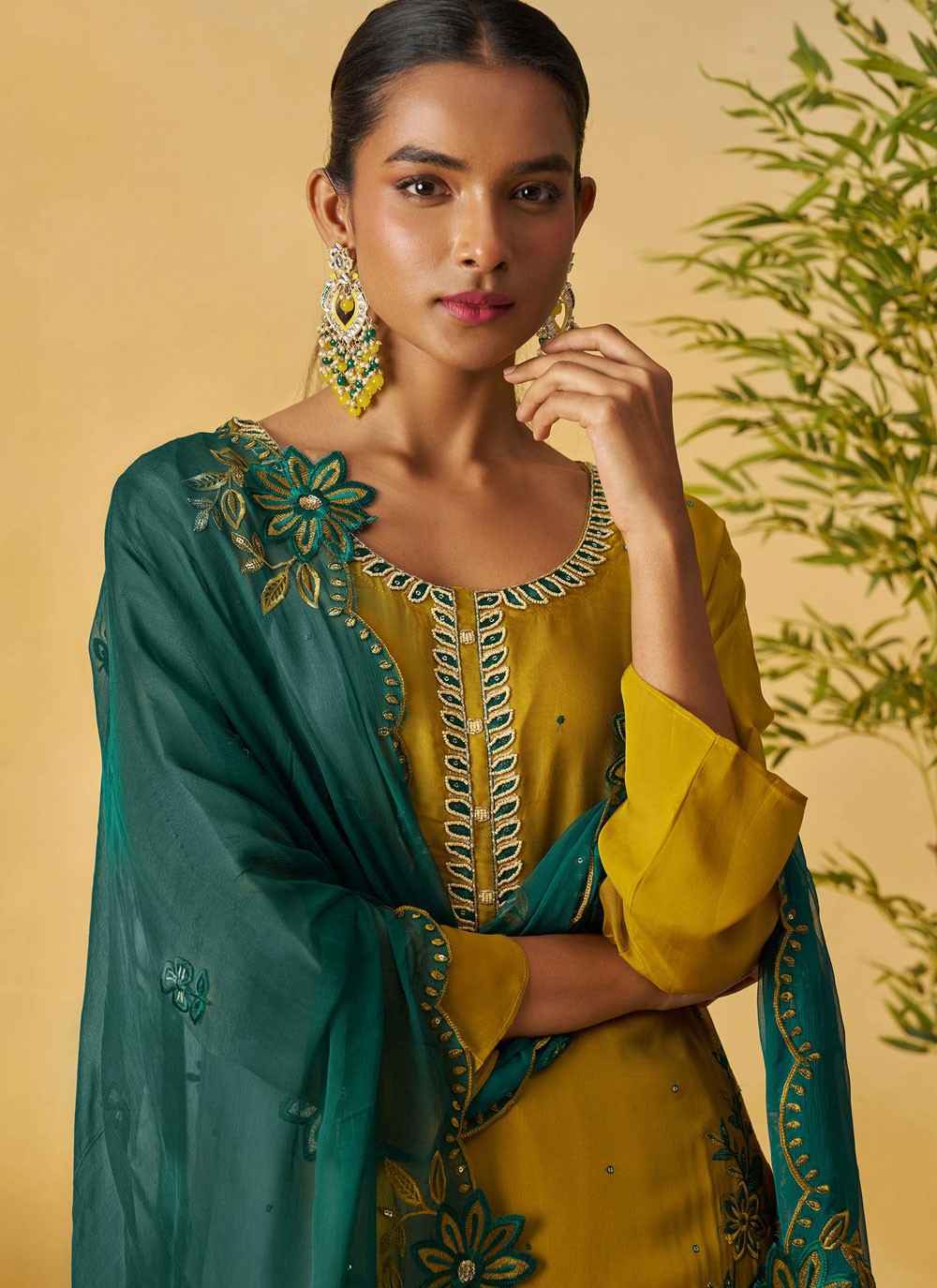 Palazzo Suit Embroidered Mustard T8891