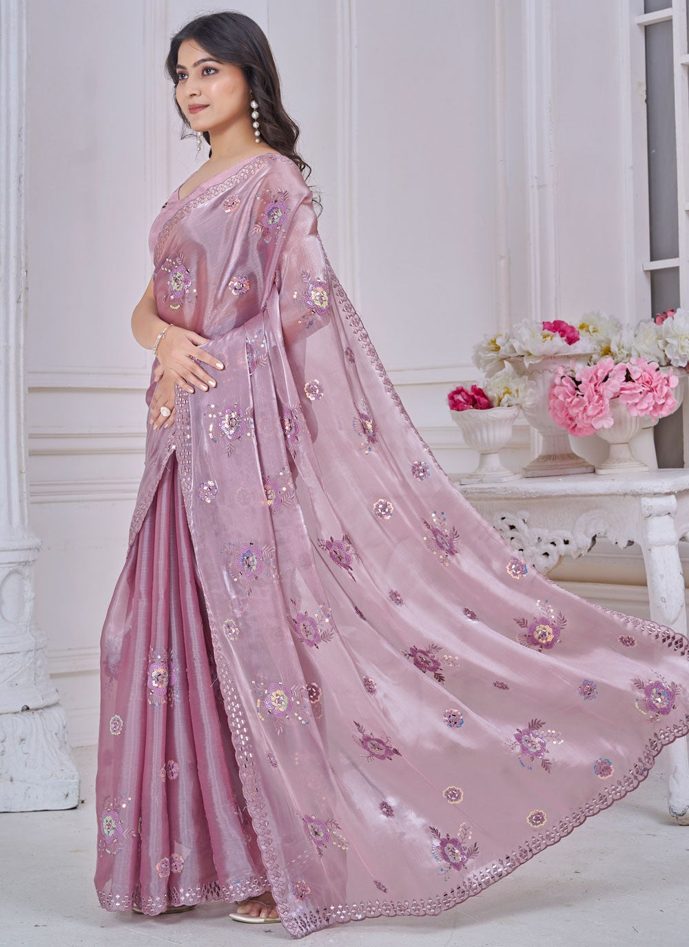 Embroidered Organza Lavender Trendy Saree S15234
