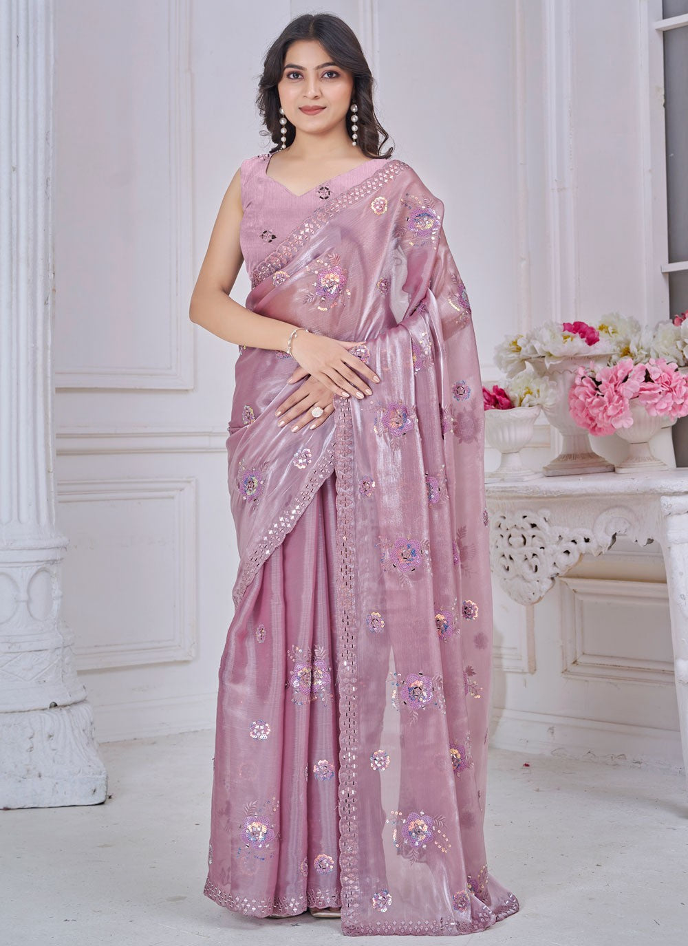 Embroidered Organza Lavender Trendy Saree S15234