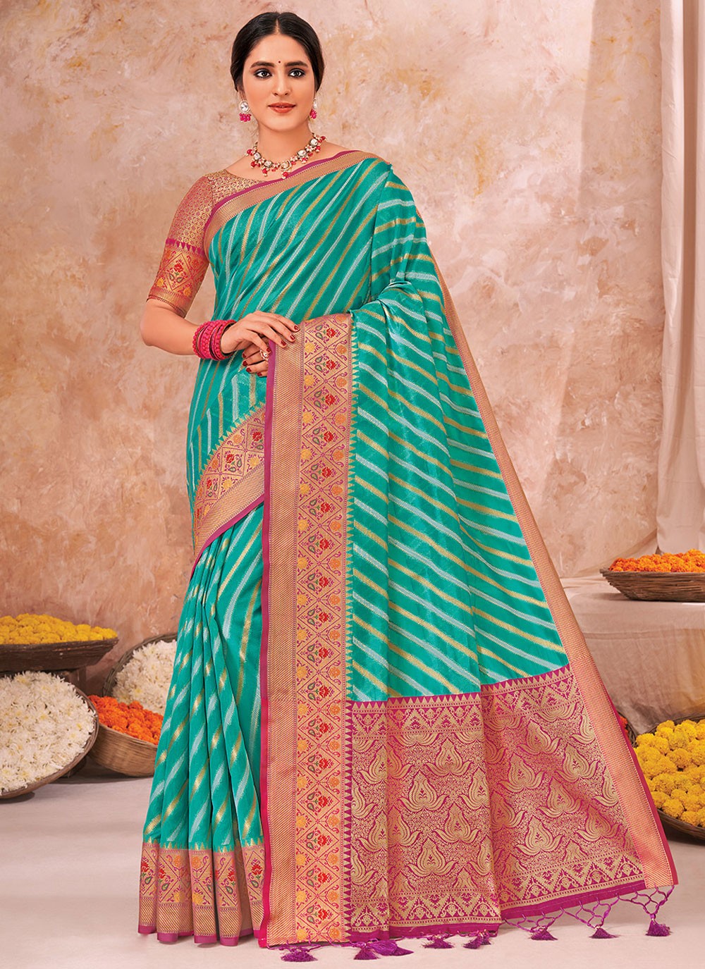 Trendy Saree Weaving Zari Firozi Organza Saree S13473