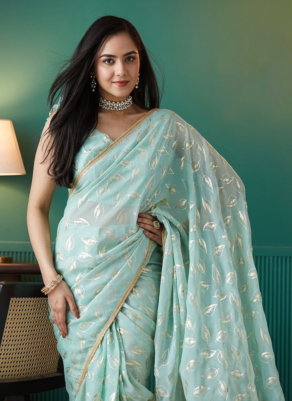 Aqua Blue Organza Classic Saree Foliage Prints S17551