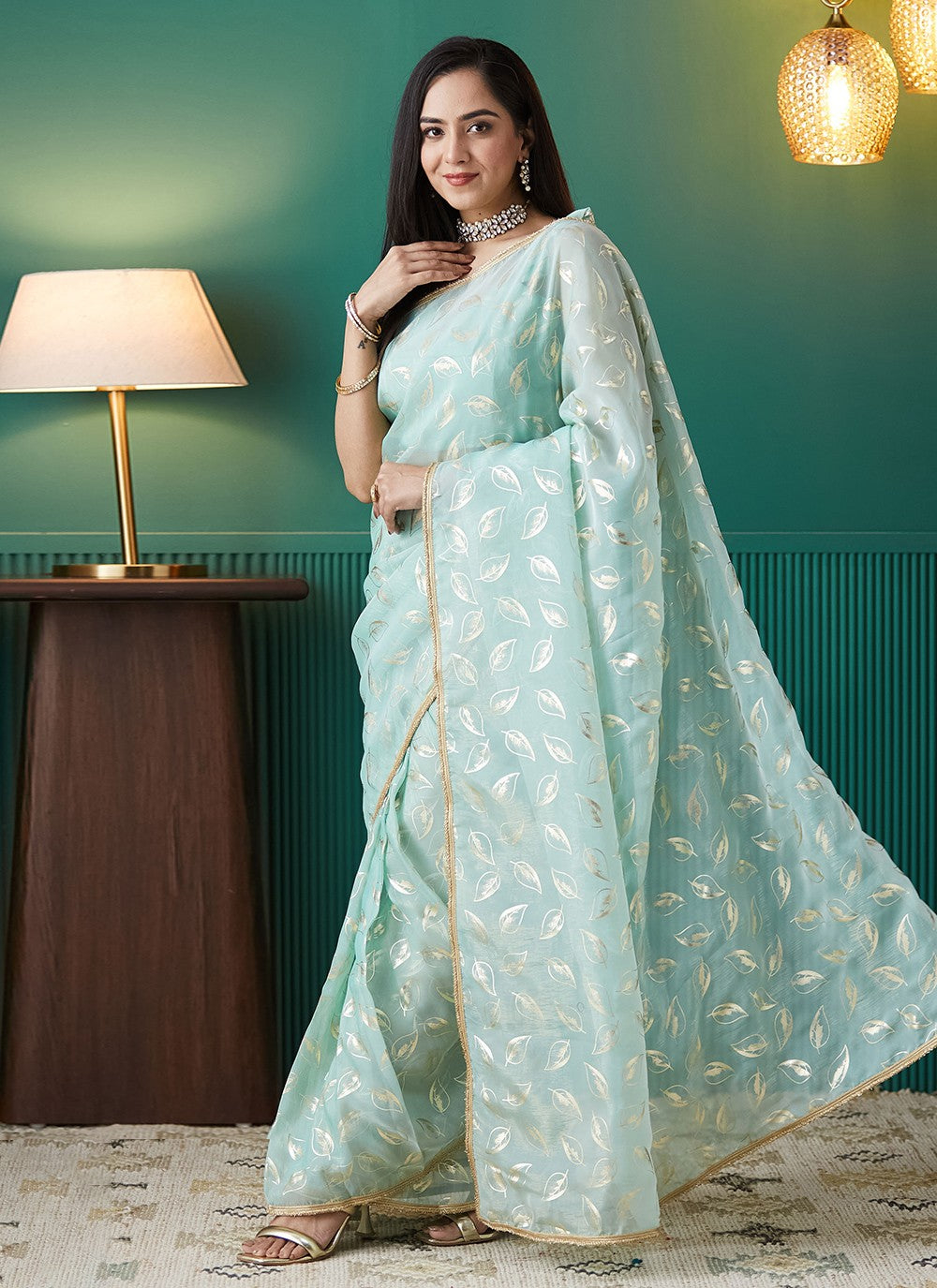 Aqua Blue Organza Classic Saree Foliage Prints S17551