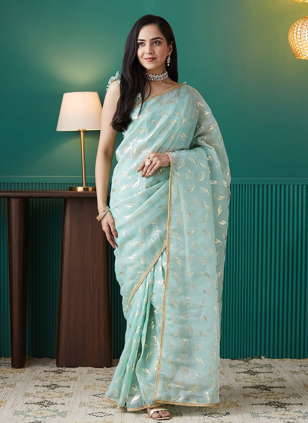 Aqua Blue Organza Classic Saree Foliage Prints S17551