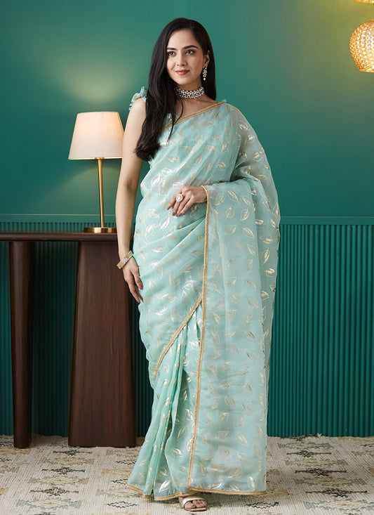 Aqua Blue Organza Classic Saree Foliage Prints S17551