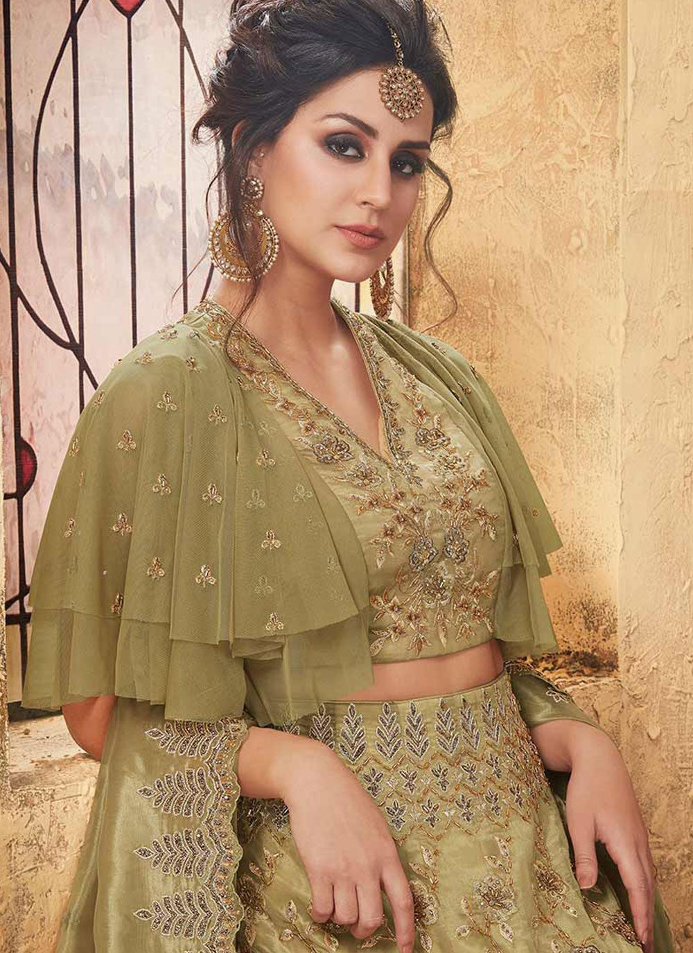 Embroidered Organza Green Lehenga Choli L3750