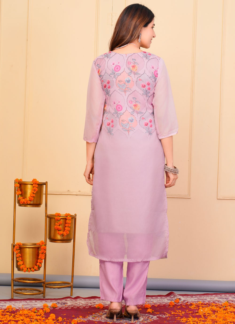 Printed Organza Pant Style Suit - T4863