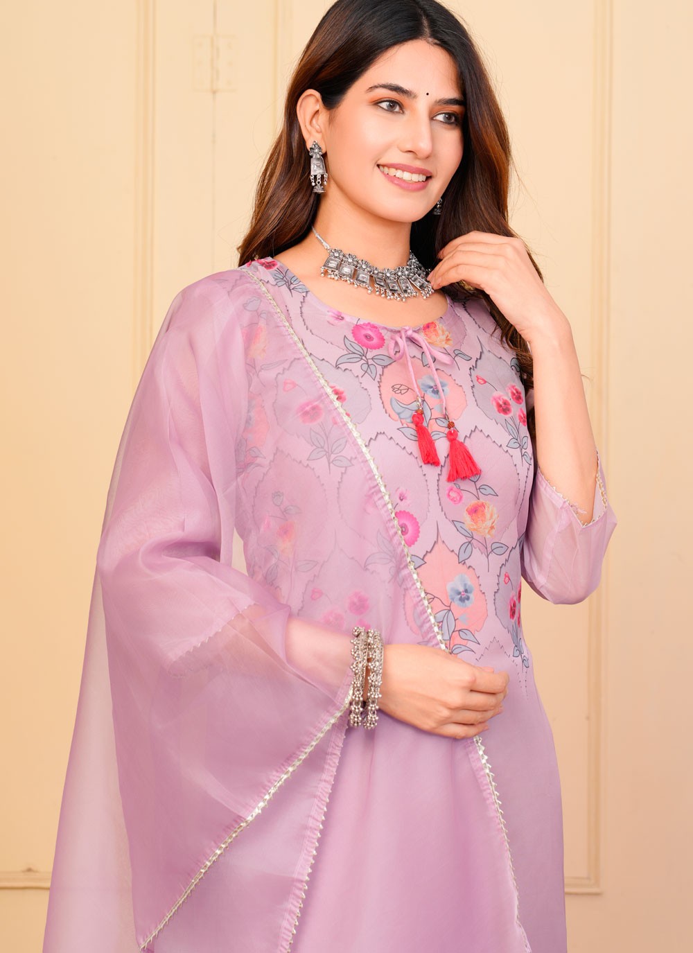 Printed Organza Pant Style Suit - T4863