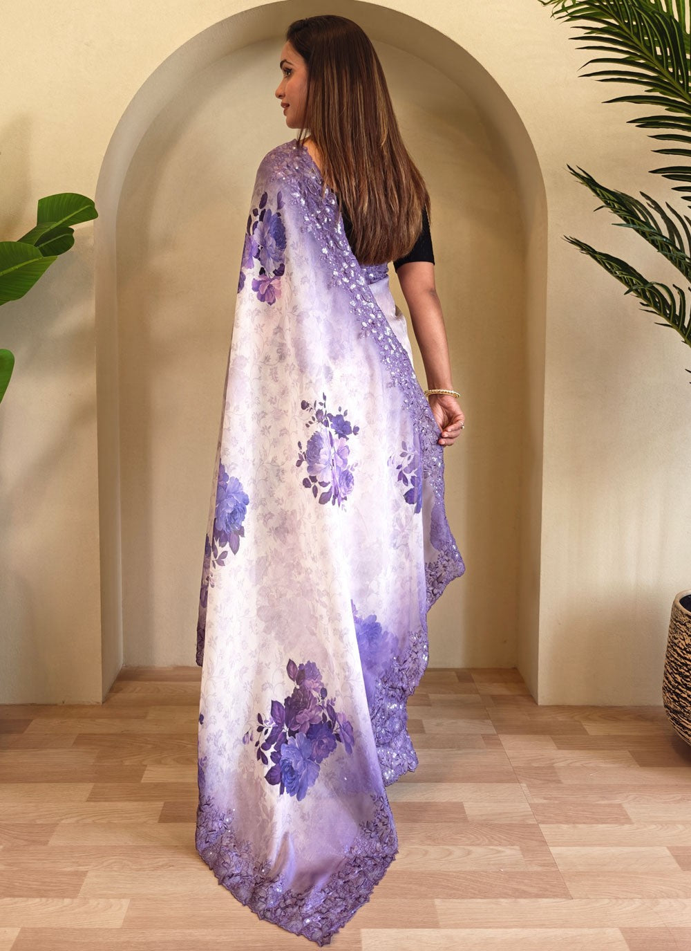 Lavender Organza Traditional Saree Cut Work, Embroidered, Printed, Sequins S15732