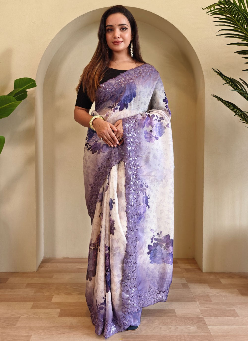 Lavender Organza Traditional Saree Cut Work, Embroidered, Printed, Sequins S15732