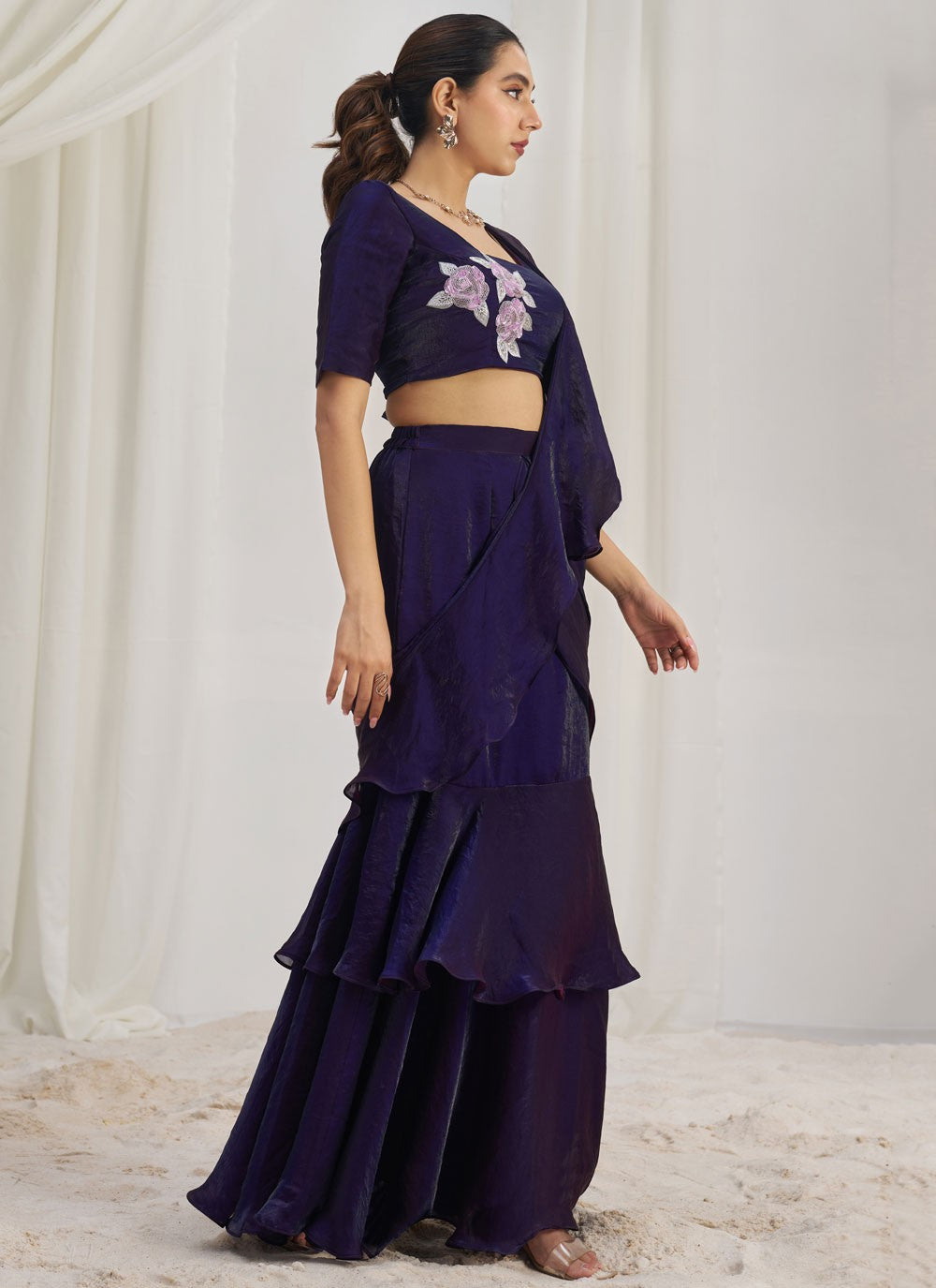 Plain Organza Purple Saree S14580