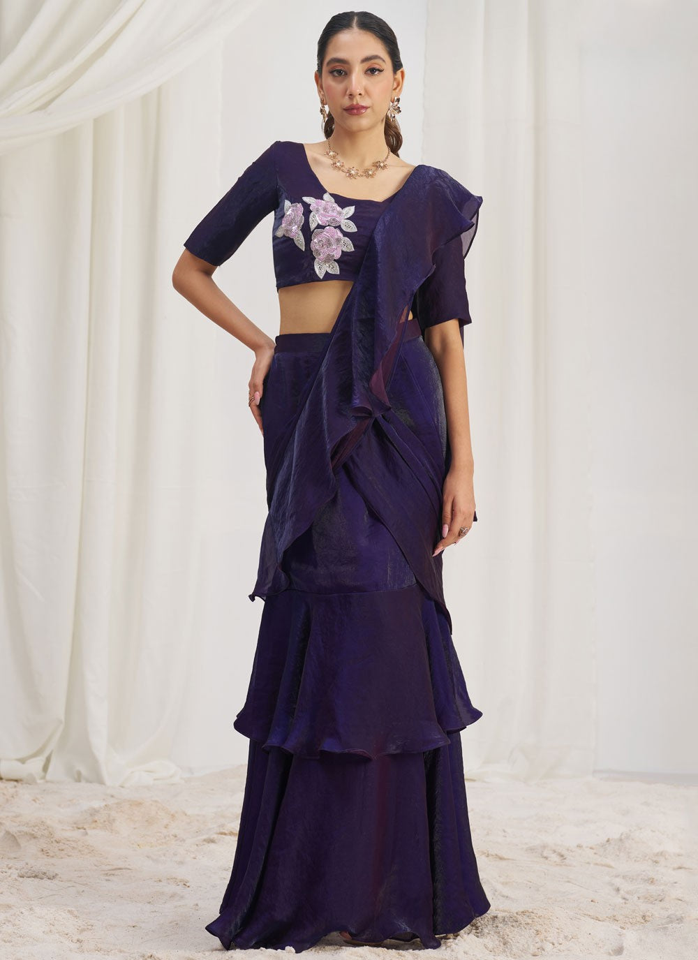 Plain Organza Purple Saree S14580