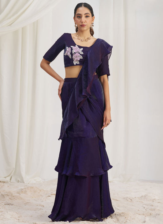 Plain Organza Purple Saree S14580