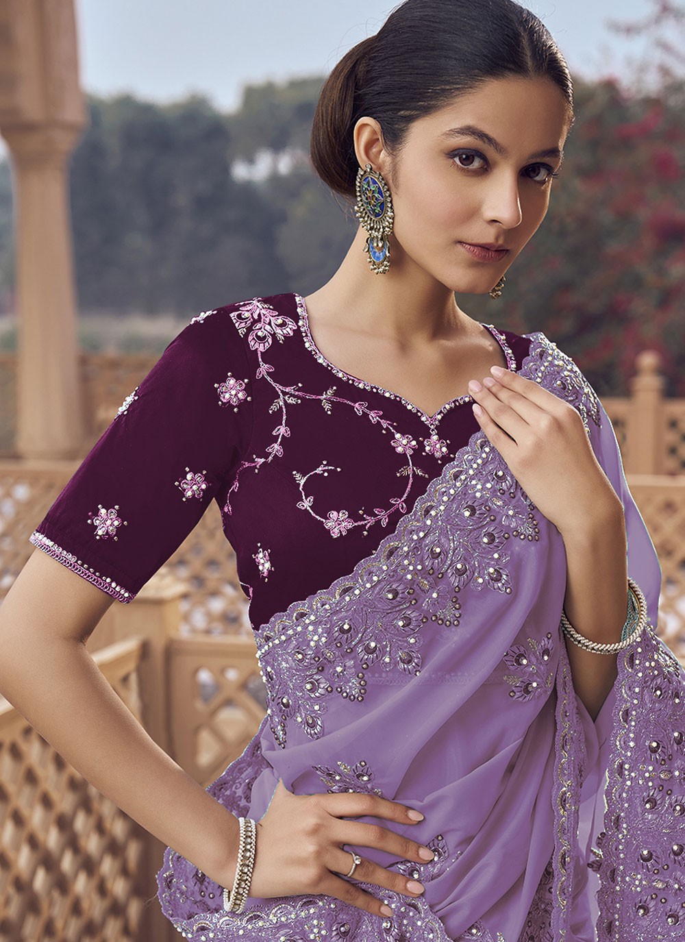Mauve Organza Designer Saree Cord, Cut Work, Embroidered, Hand Embroidery, Zari S17021