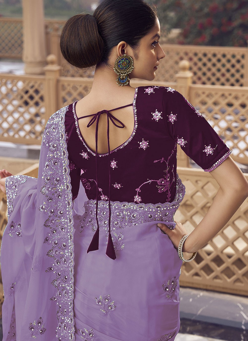 Mauve Organza Designer Saree Cord, Cut Work, Embroidered, Hand Embroidery, Zari S17021