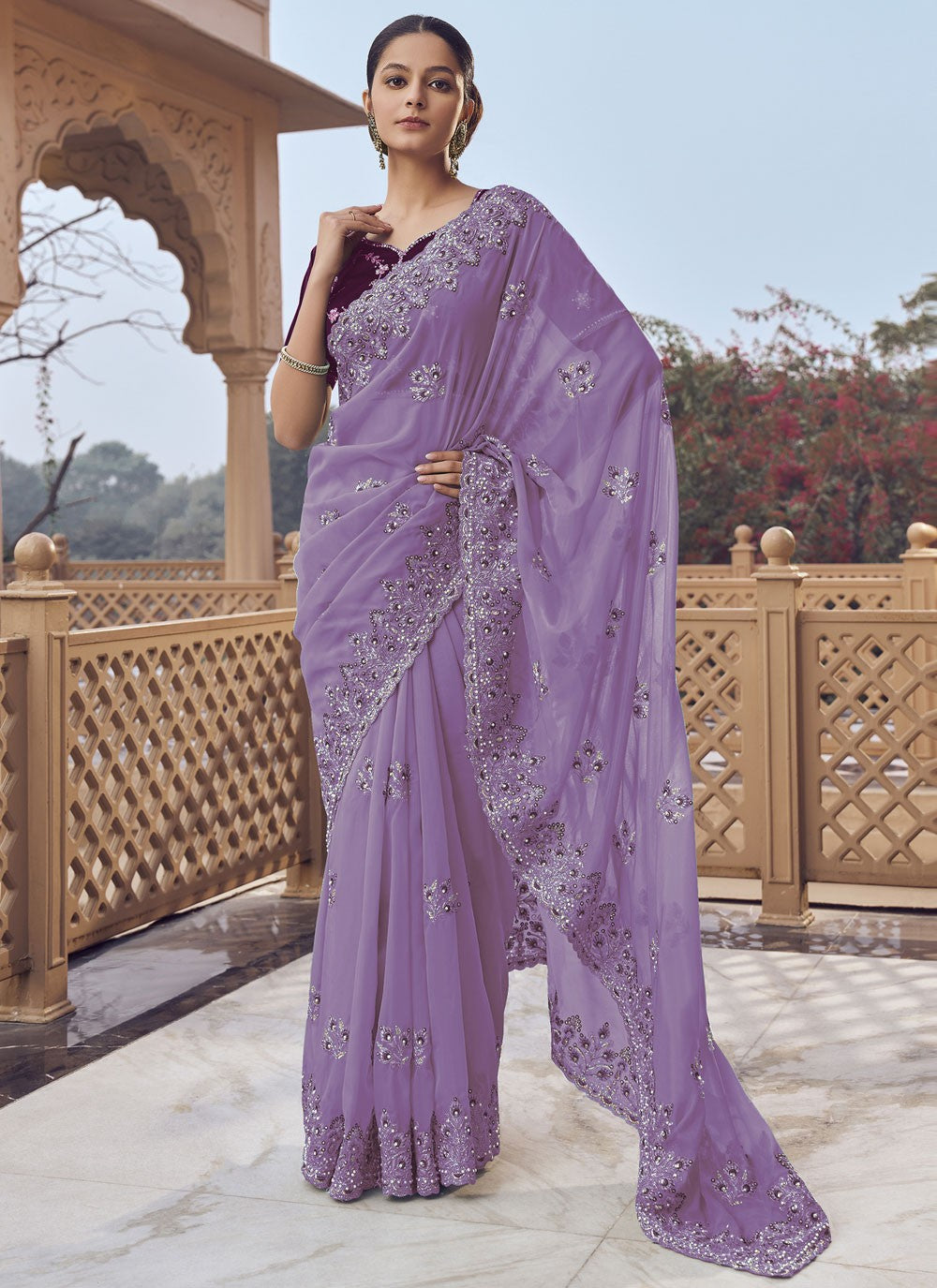 Mauve Organza Designer Saree Cord, Cut Work, Embroidered, Hand Embroidery, Zari S17021