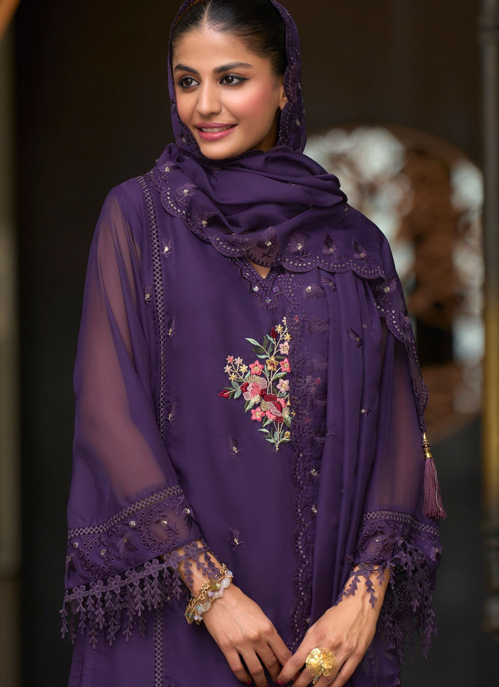 Salwar Suit Embroidered Purple Organza T5484