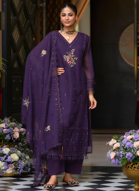 Salwar Suit Embroidered Purple Organza T5484