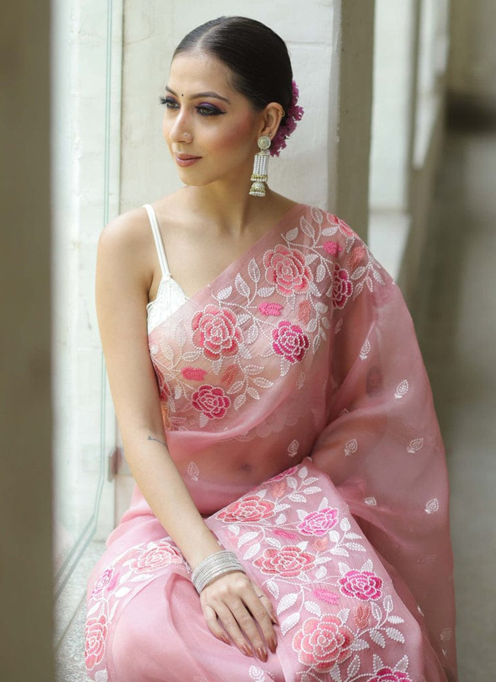 Pink Organza Contemporary Saree Embroidered, Multi Work, Thread S16428