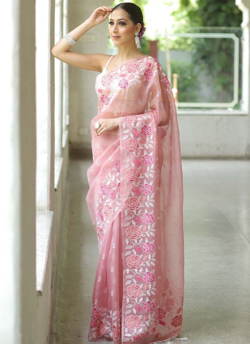 Pink Organza Contemporary Saree Embroidered, Multi Work, Thread S16428