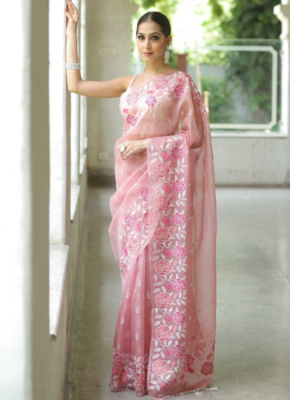 Pink Organza Contemporary Saree Embroidered, Multi Work, Thread S16428