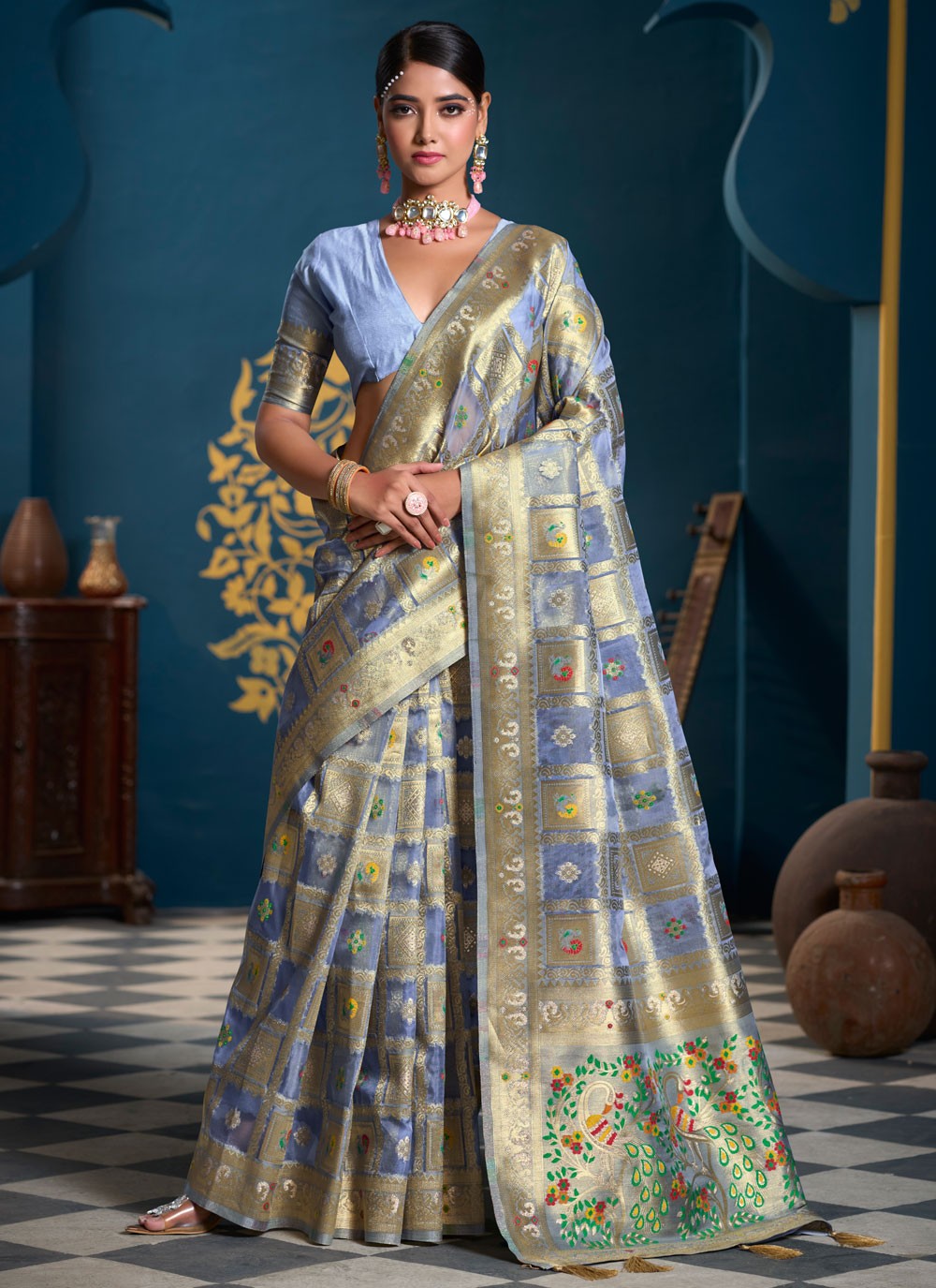 Designer Multi Work Lavender Organza Saree S13188
