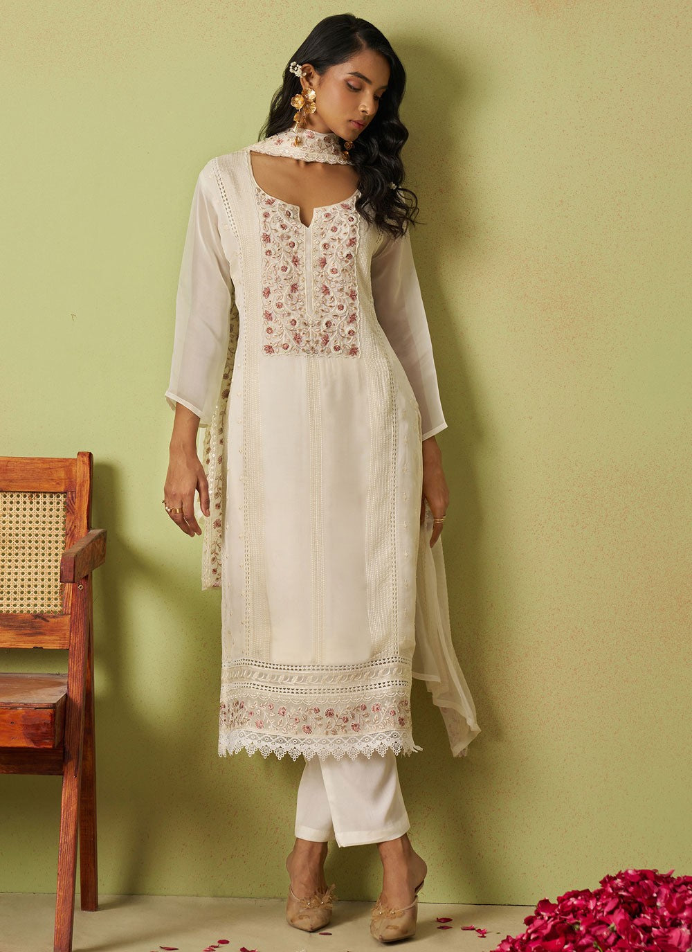 Embroidered Organza Off White Salwar Suit T6144