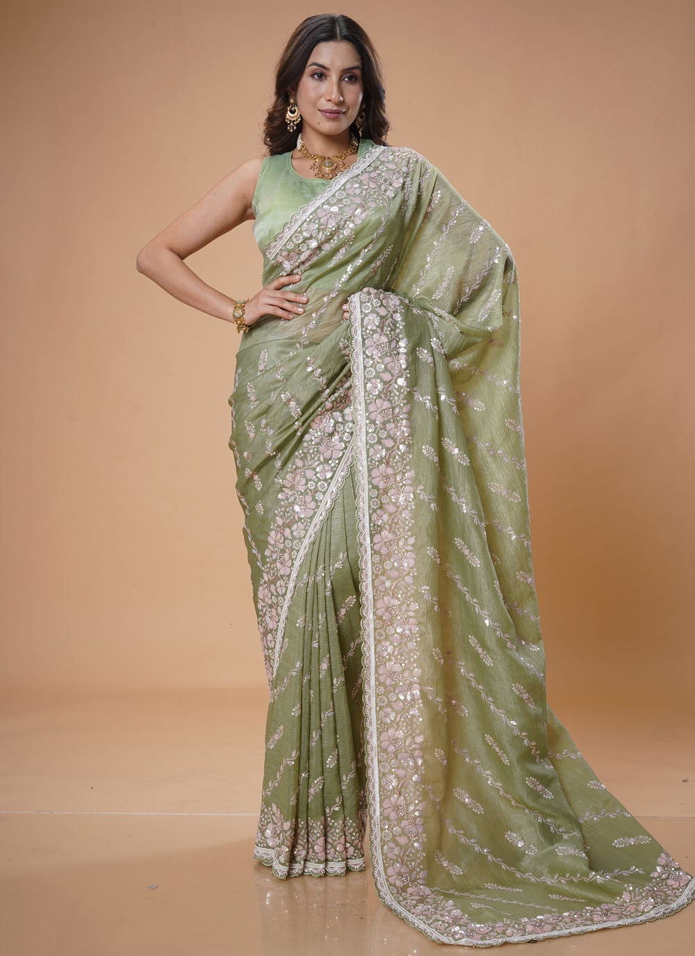 Cut Work Organza Green Trendy Saree S15486