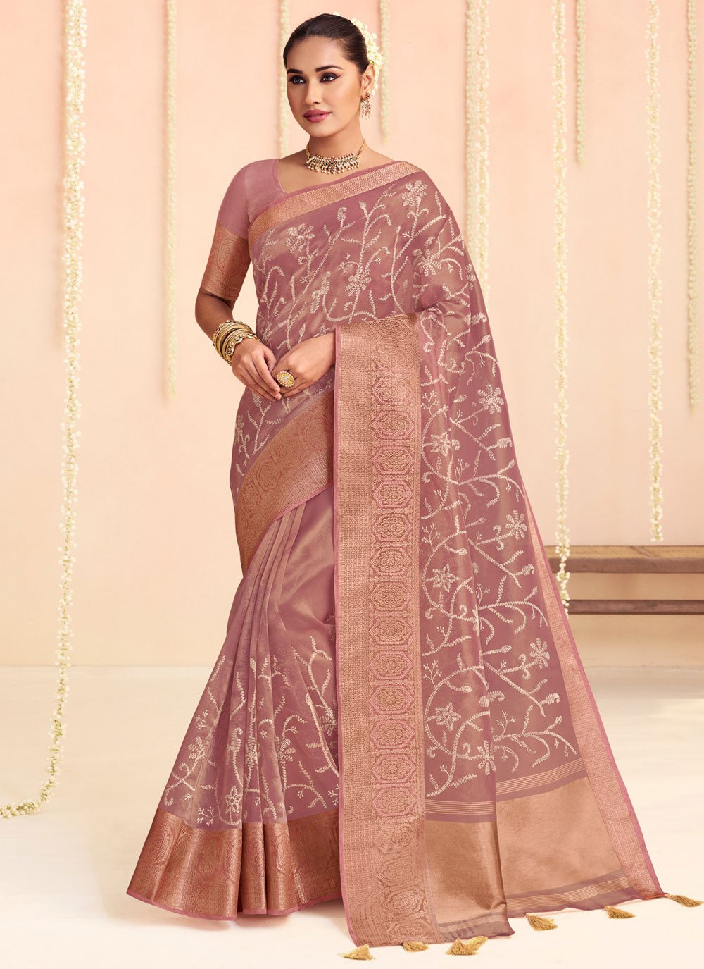 Classic Saree Floral Printed Pink, Purple Organza Saree S12668