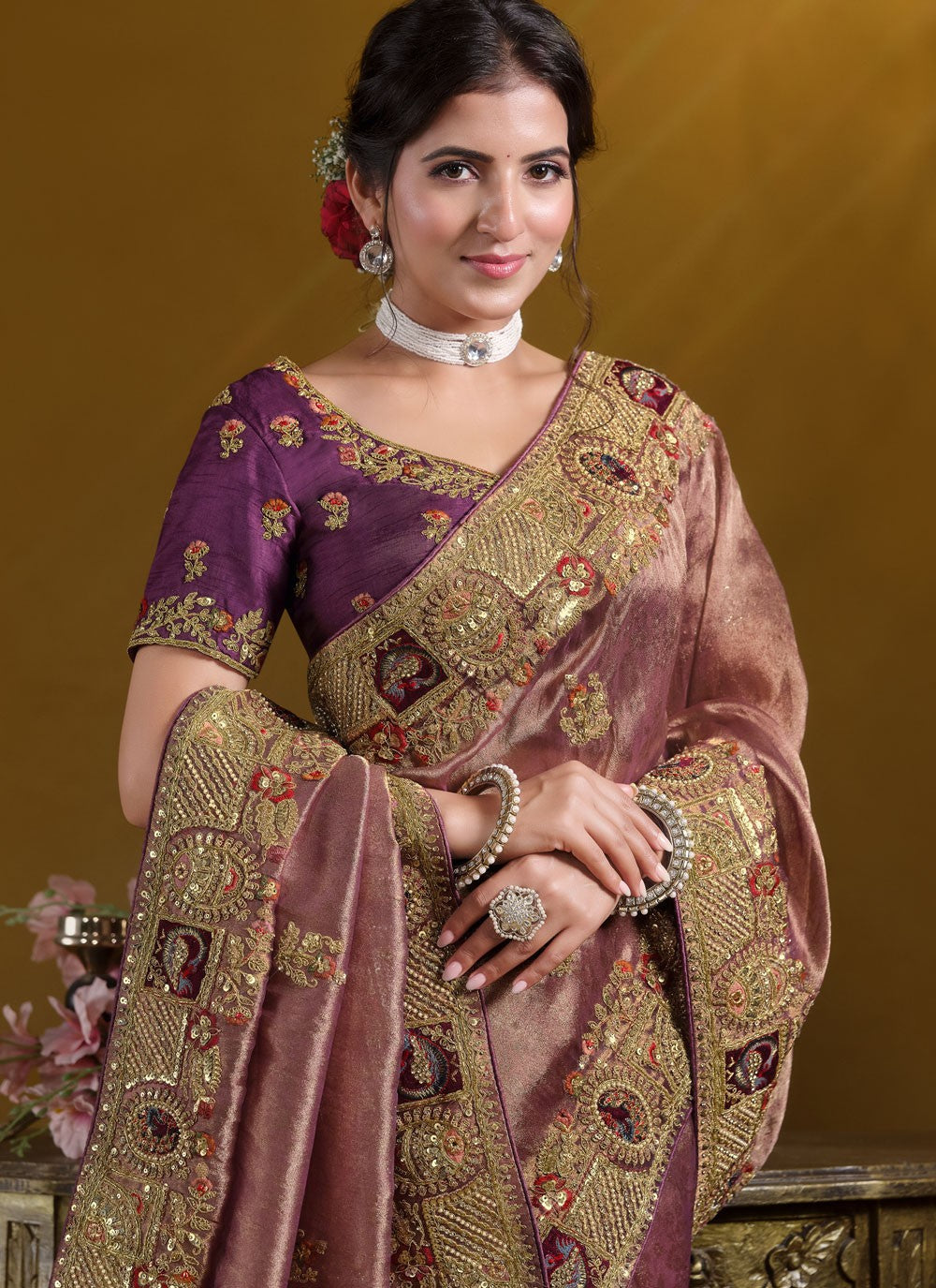 Classic Saree Embroidered Pink, Rust Organza Saree S12626