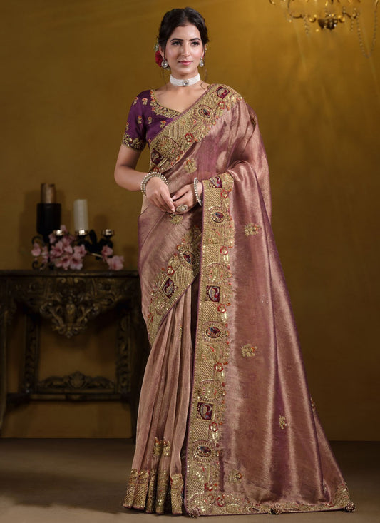 Classic Saree Embroidered Pink, Rust Organza S12626