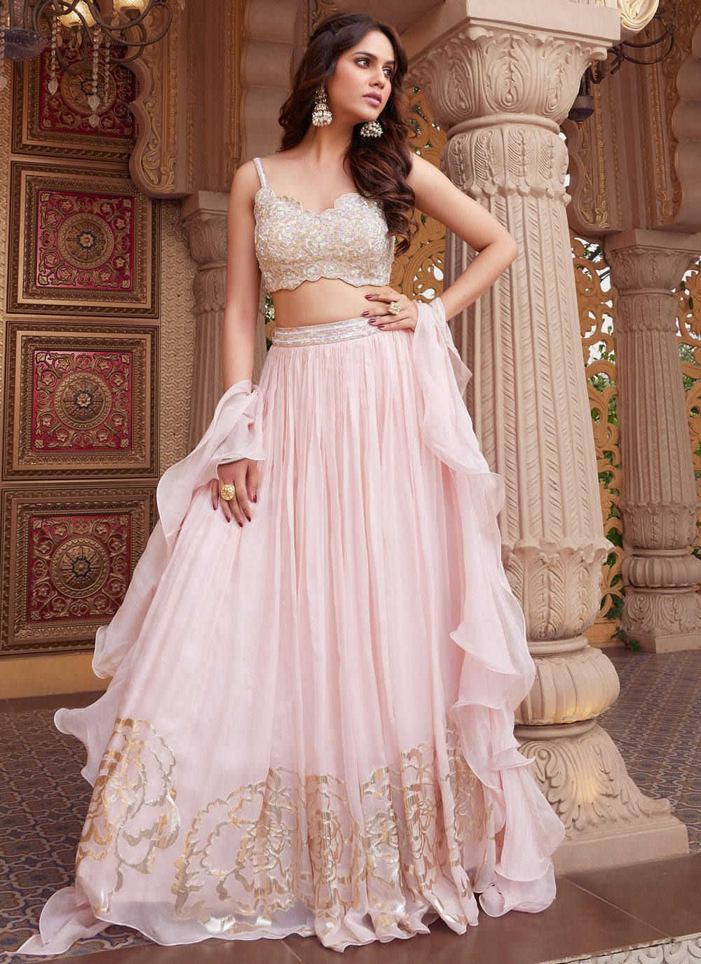 Fancy Work Organza Pink Lehenga - L3404
