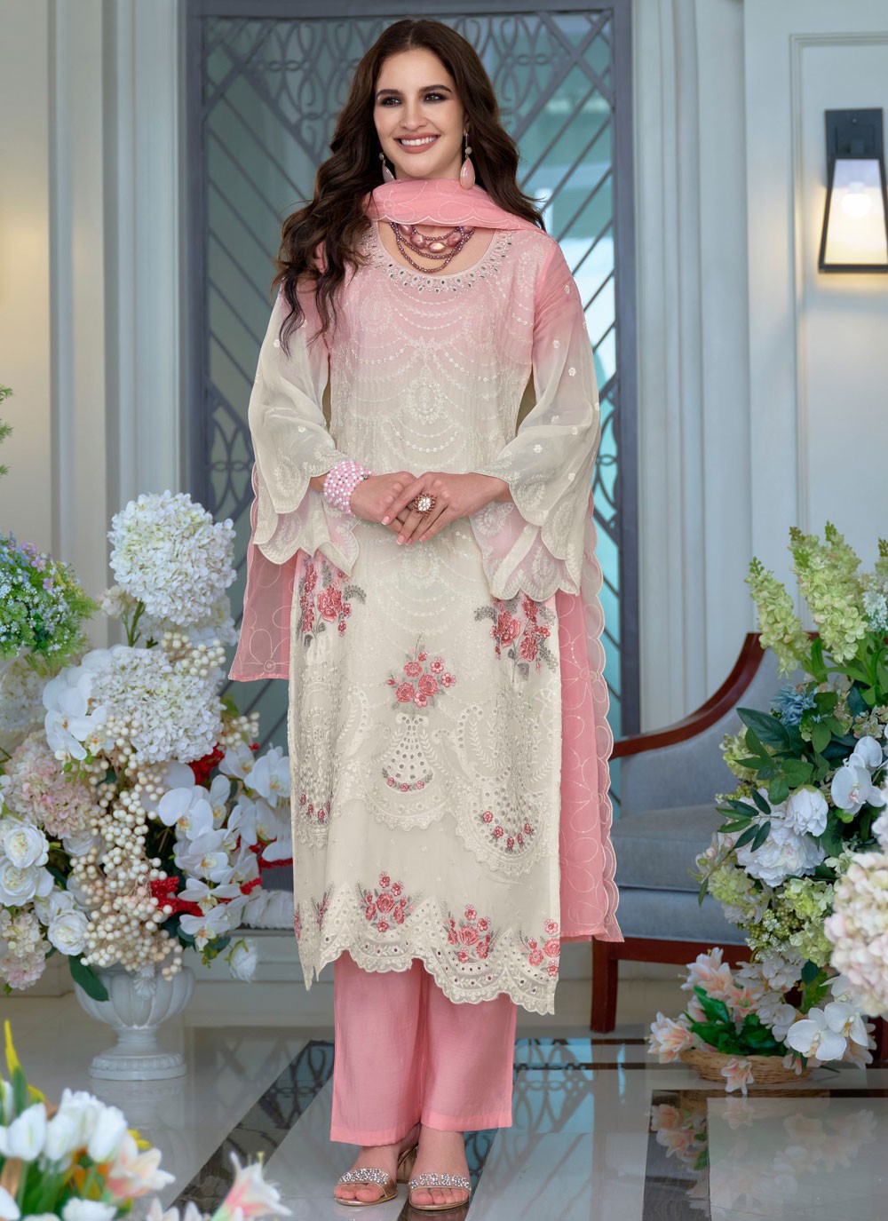 Pant Style Suit Sequins, Thread Pink T7802