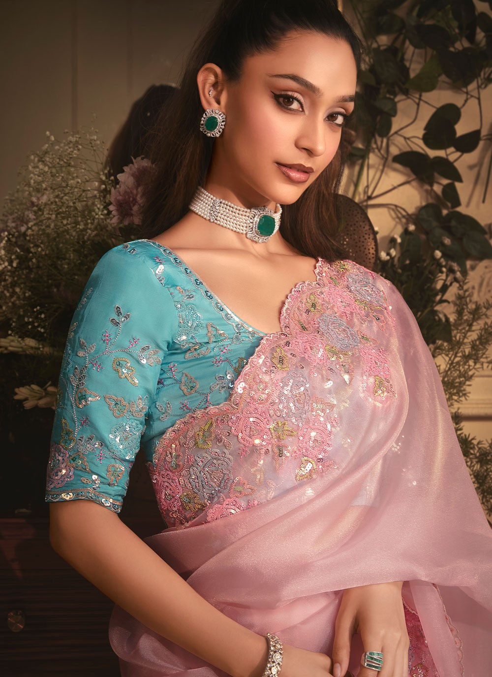 Pink Organza Trendy Saree Border Work, Cut Work, Embroidered, Sequins, Zari S19406