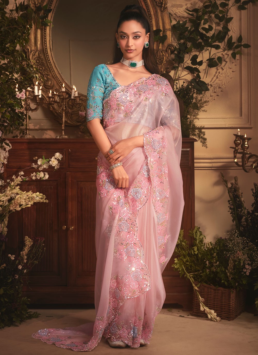 Pink Organza Trendy Saree Border Work, Cut Work, Embroidered, Sequins, Zari S19406