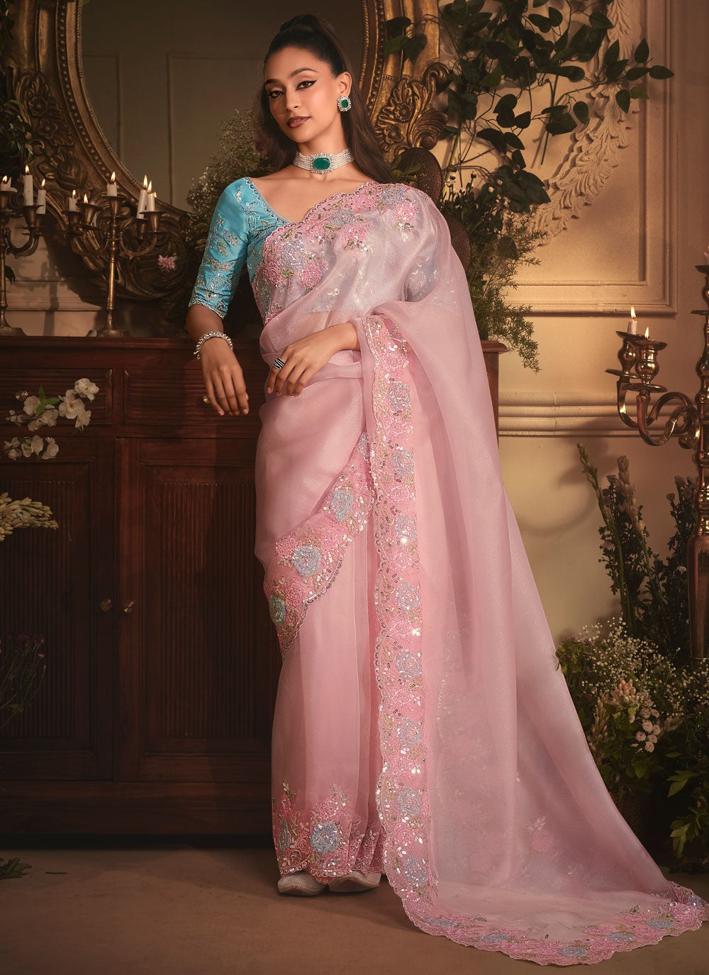 Pink Organza Trendy Saree Border Work, Cut Work, Embroidered, Sequins, Zari S19406