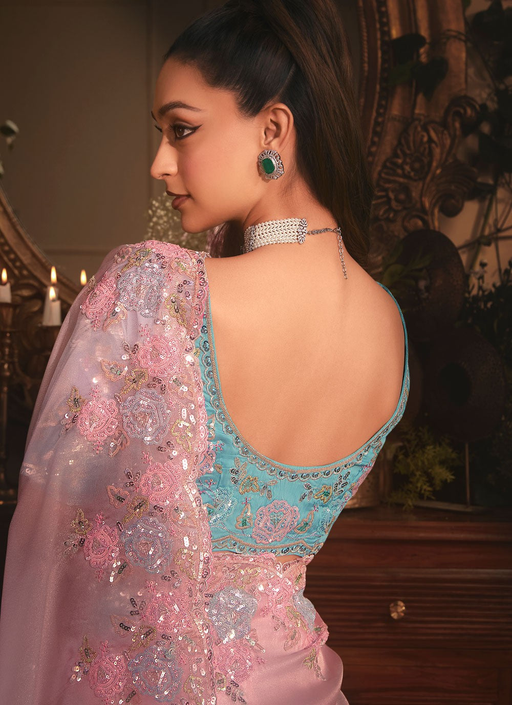 Pink Organza Trendy Saree Border Work, Cut Work, Embroidered, Sequins, Zari S19406