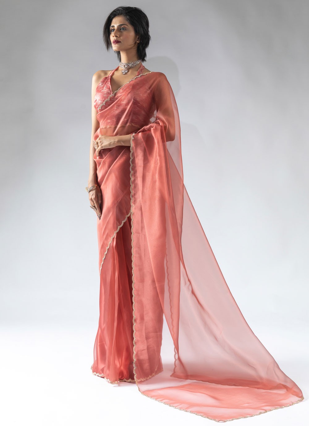 Border Work Organza Pink Designer Saree S15593