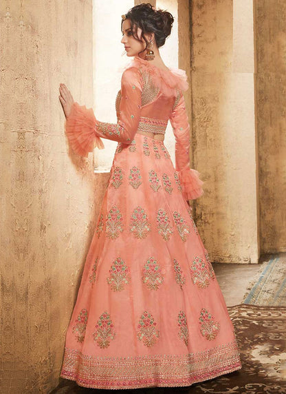 Embroidered Organza Peach Lehenga Choli L3751