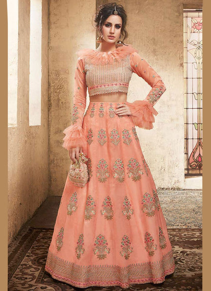 Embroidered Organza Peach Lehenga Choli L3751