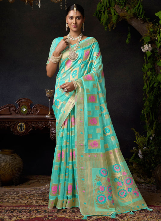 Sea Green Organza Traditional Saree Weaving Zari S19566