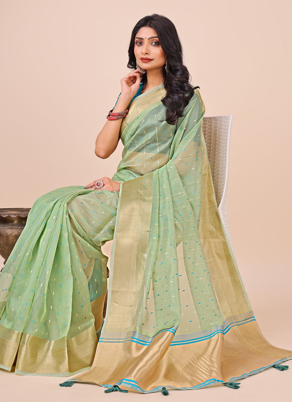 Woven Organza Sea Green Contemporary Saree S15187